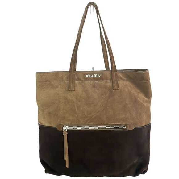 Miu Miu Two Tone Suede Shopper Tote Brown Authentic - Picture 1 of 8